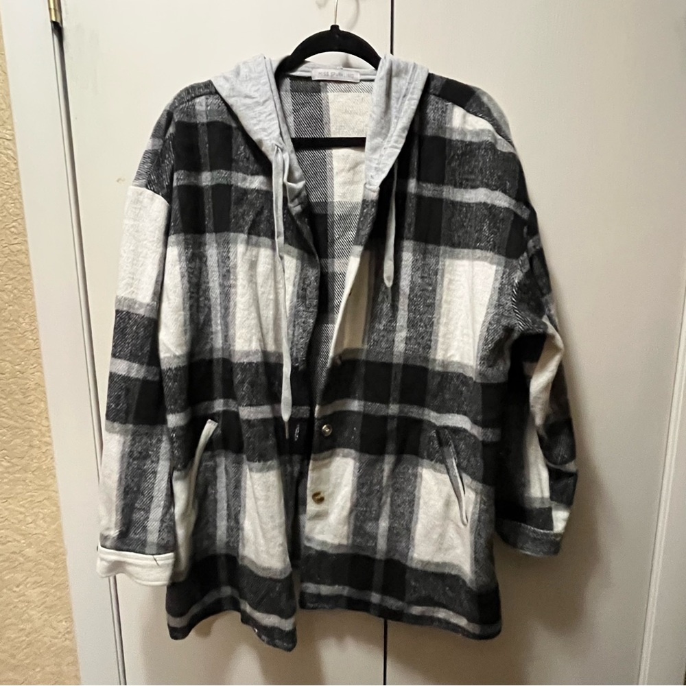 Plaid Hooded Women's Oversized Jacket - Black, White, and Gray